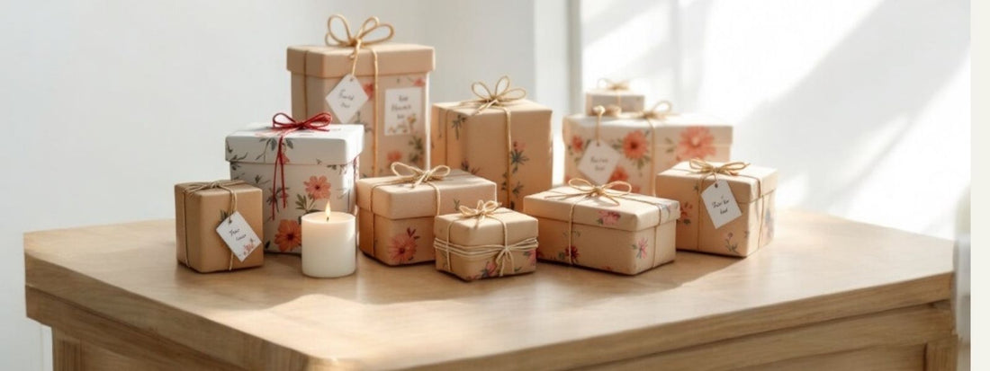 Elegant handmade gift boxes wrapped in floral-patterned and kraft paper, tied with twine bows, displayed on a wooden table with a small lit candle, bathed in soft natural light.