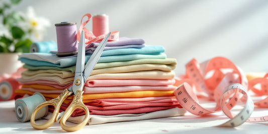Stack of pastel fabric squares with vintage gold-handled scissors, pink measuring tape, and sewing thread spools, photographed in natural light – symbolising handmade craft and sustainability.