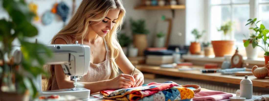 Artisan sewing a handmade tote bag in a small workshop, highlighting craftsmanship and attention to detail.