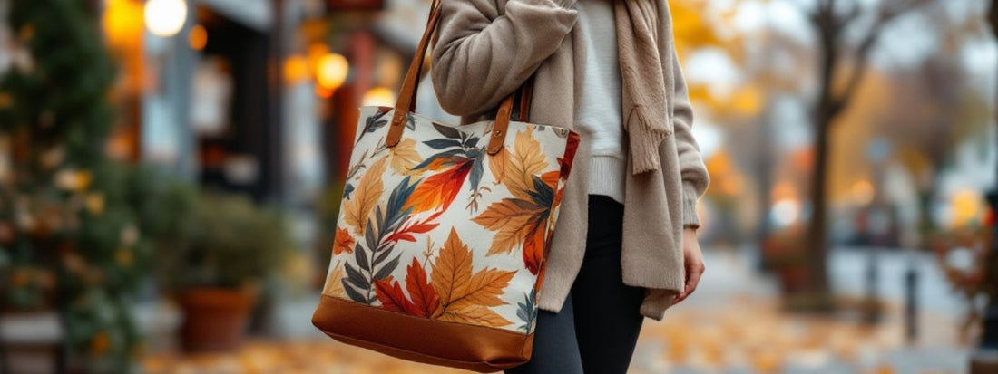 Person holding a colourful autumn-themed tote bag with bold leaf patterns, standing on a tree-lined street.