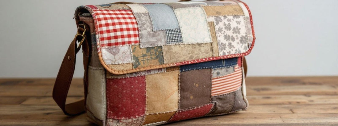 Handmade patchwork messenger bag crafted from mixed rescued fabrics, displayed on a wooden surface with visible stitching, featuring a flap closure and adjustable strap.