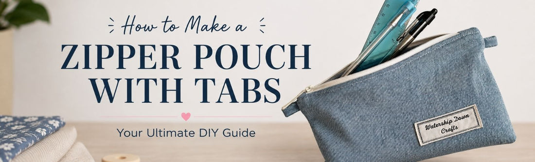 Denim zipper pouch with tabs filled with pens and a ruler, alongside the text “How to Make a Zipper Pouch with Tabs – Your Ultimate DIY Guide