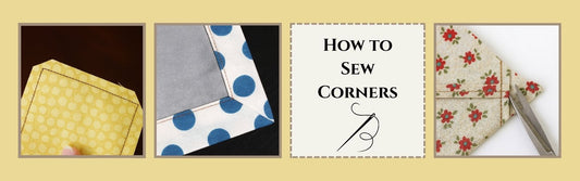 Header banner showing examples of clipped, mitered and boxed fabric corners with the text ‘How to Sew Corners’ in the centre.