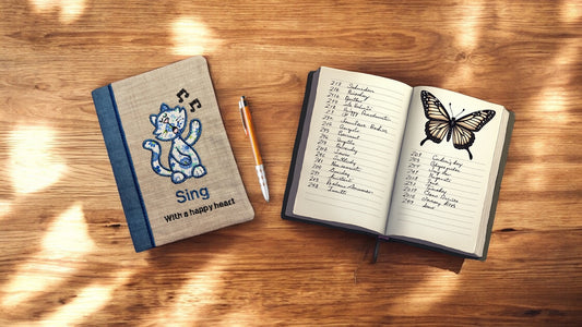 Two embroidered A5 notebooks placed side by side on a wooden surface. The notebook on the left features a cat design with the word 'Sing' embroidered, while the one on the right shows a butterfly illustration with a list inside.