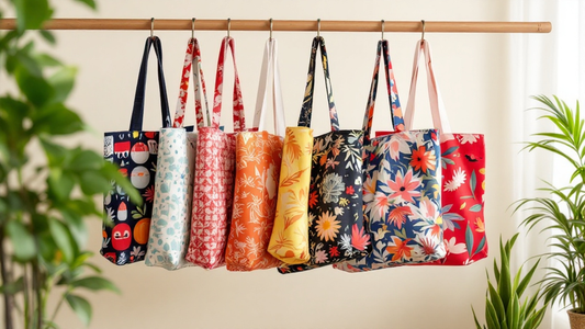 A row of colorful handmade tote bags with floral and patterned designs hanging on display, surrounded by greenery, showcasing their eco-friendly and stylish appeal.