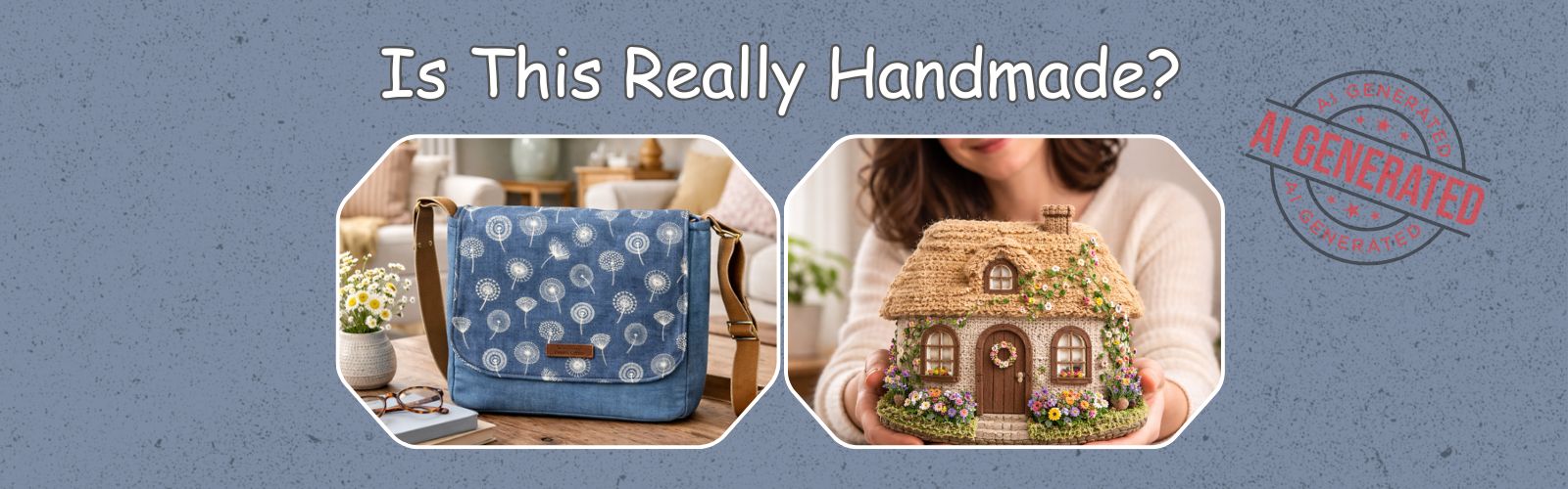 Graphic with the heading “Is This Really Handmade?” showing a real handmade blue crossbody bag on the left and an AI-generated image of a woman holding a cottage on the right, with an “AI Generated” stamp in the top corner.