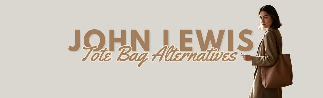 Banner image showing a woman carrying a brown tote bag, with large text reading “John Lewis Tote Bag Alternatives” on a neutral background.