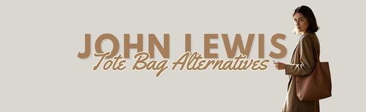 Banner image showing a woman carrying a brown tote bag, with large text reading “John Lewis Tote Bag Alternatives” on a neutral background.