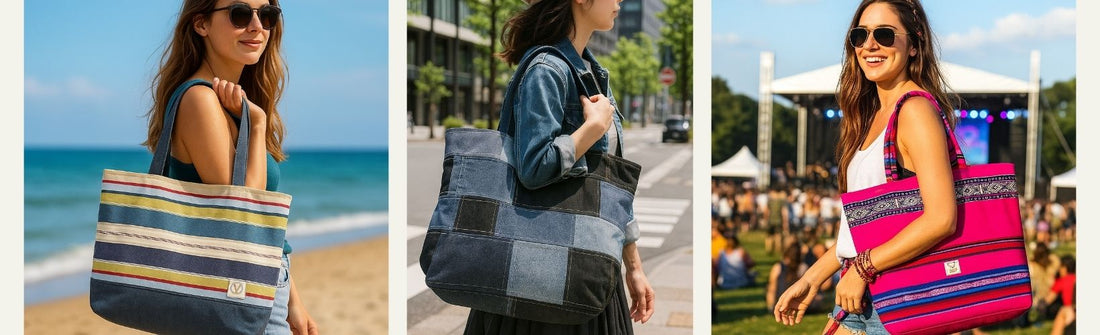 Three women carrying handmade tote bags from Watership Down Crafts: one at the beach with a colourful striped bag, one in the city with a denim patchwork tote, and one at a festival with a bold pink boho-style bag.
