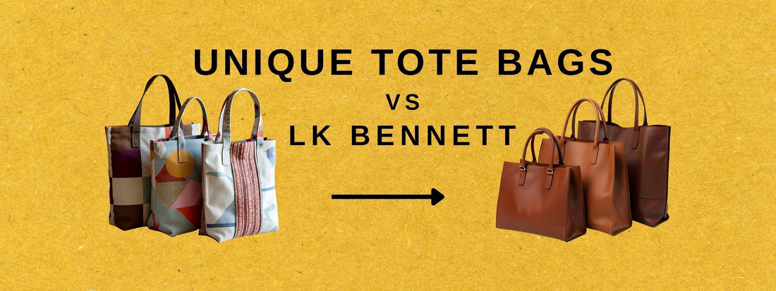 Graphic comparing unique handmade tote bags with LK Bennett handbags on a yellow background, with text reading Unique Tote Bags vs LK Bennett.