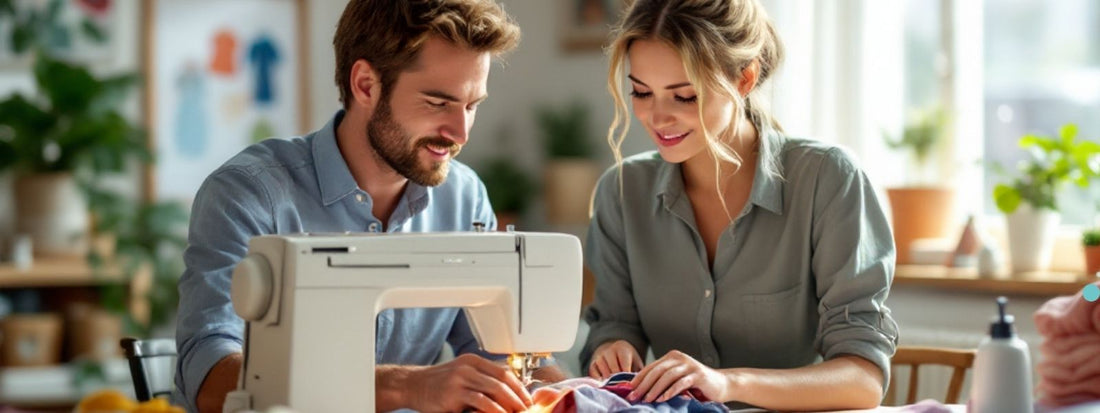 A smiling man and woman sewing together at a sewing machine in a bright, modern workspace. They are focused on stitching fabric, surrounded by sewing tools and materials, creating a warm and inviting atmosphere.