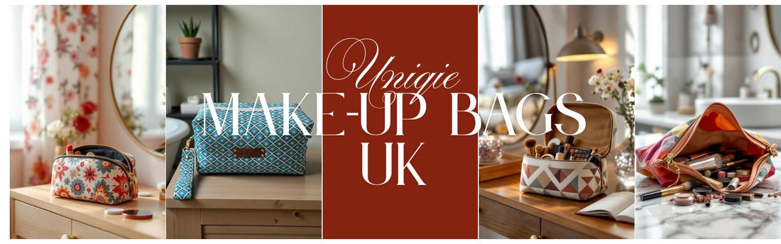 Collage of unique handmade make-up bags made from patterned fabrics, photographed on wooden dressing tables and bathroom counters, showcasing UK-made washable designs by Watership Down Crafts.