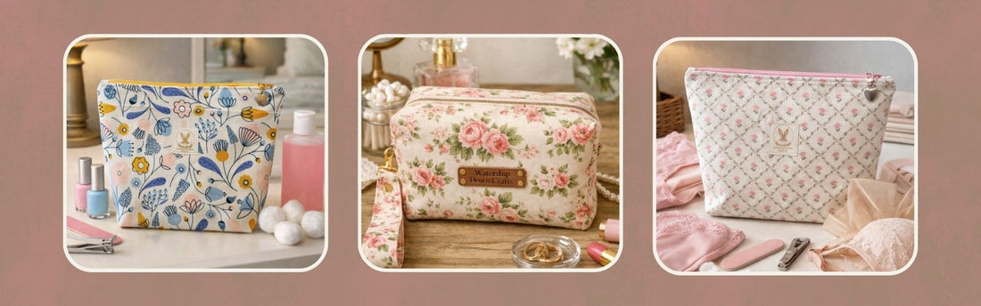Floral fabric zip-up pouches arranged on a dressing table, shown in three styles: a blue botanical pouch beside nail polish and cotton pads, a rose print pouch with matching wristlet, and a pink lattice floral pouch with lingerie and manicure tools.