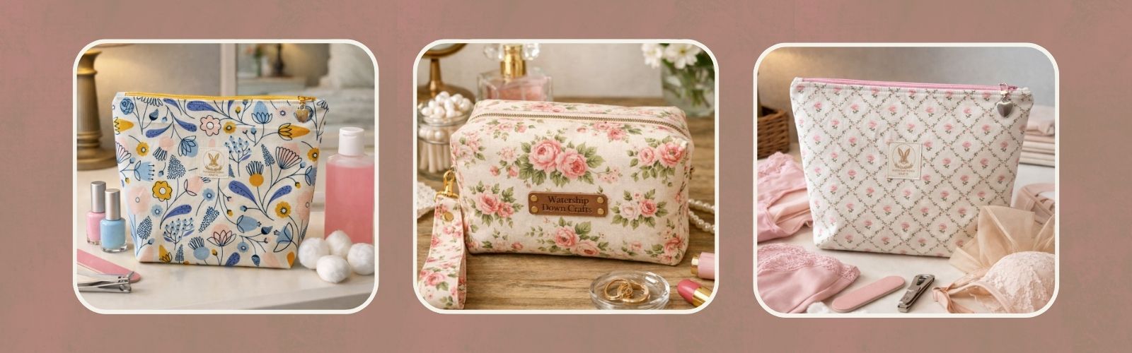 Floral fabric zip-up pouches arranged on a dressing table, shown in three styles: a blue botanical pouch beside nail polish and cotton pads, a rose print pouch with matching wristlet, and a pink lattice floral pouch with lingerie and manicure tools.