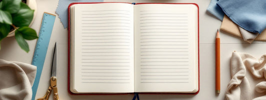 Open lined notebook surrounded by fabric swatches, scissors, a pencil, and a ruler — flat lay showing creative workspace for notebook making or journaling.