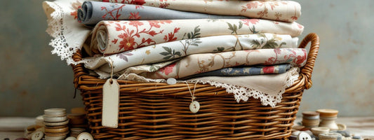 Rolled floral fabric swatches in a wicker basket with lace trim, surrounded by vintage buttons — ideal for upcycling and handmade sewing projects.