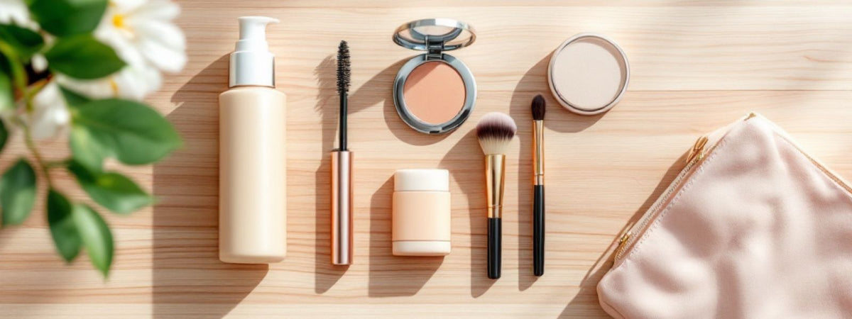 Flat lay of beginner make-up essentials including moisturiser, mascara, blusher, compact powder, brushes, and a blush pink zip-up make-up bag on a wooden surface with flowers in the corner.