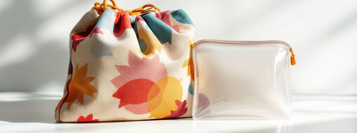 Side-by-side comparison of a handmade fabric drawstring pouch with a bold floral pattern and a clear plastic zip-up bag, displayed on a white surface with soft daylight shadows.