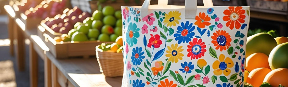 Floral market tote bag on a wooden stall surrounded by fresh fruit.