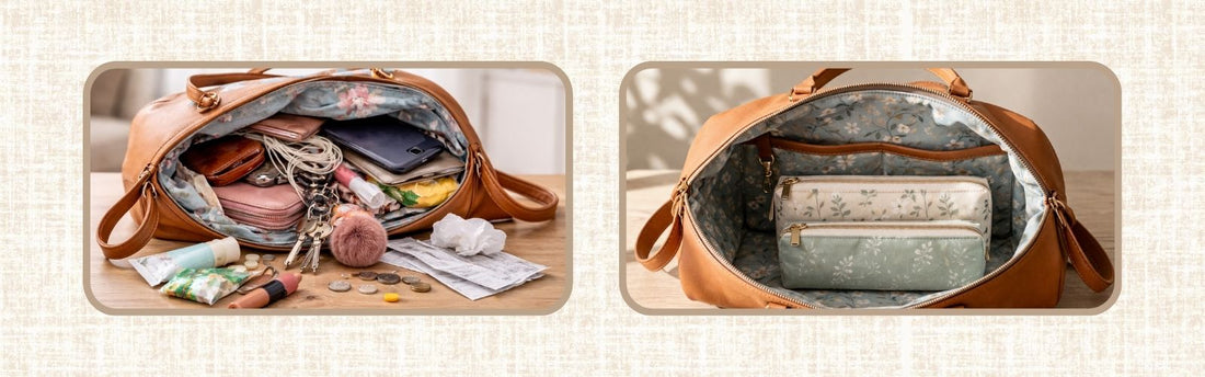 Cluttered handbag beside an organised handbag with zip pouches, showing the difference between a messy bag and a tidy, well-structured bag interior.