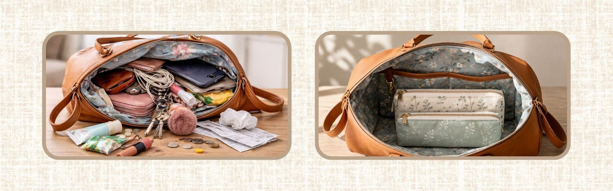 Cluttered handbag beside an organised handbag with zip pouches, showing the difference between a messy bag and a tidy, well-structured bag interior.