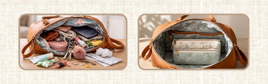 Cluttered handbag beside an organised handbag with zip pouches, showing the difference between a messy bag and a tidy, well-structured bag interior.