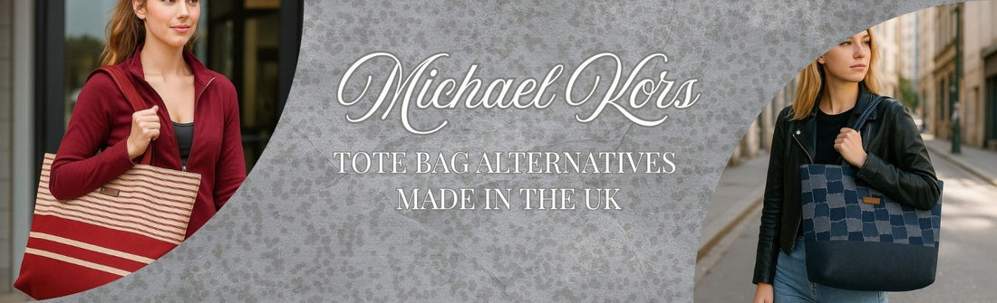 Woman carrying a red and beige striped tote bag on the left and another woman with a navy checkered tote bag on the right, with the text “Michael Kors Tote Bag Alternatives Made in the UK” over a soft grey textured background.