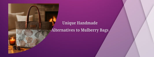 Brown and floral fabric tote bag with leather handles beside a candle, with text reading 'Unique Handmade Alternatives to Mulberry Bags' on a purple geometric background.