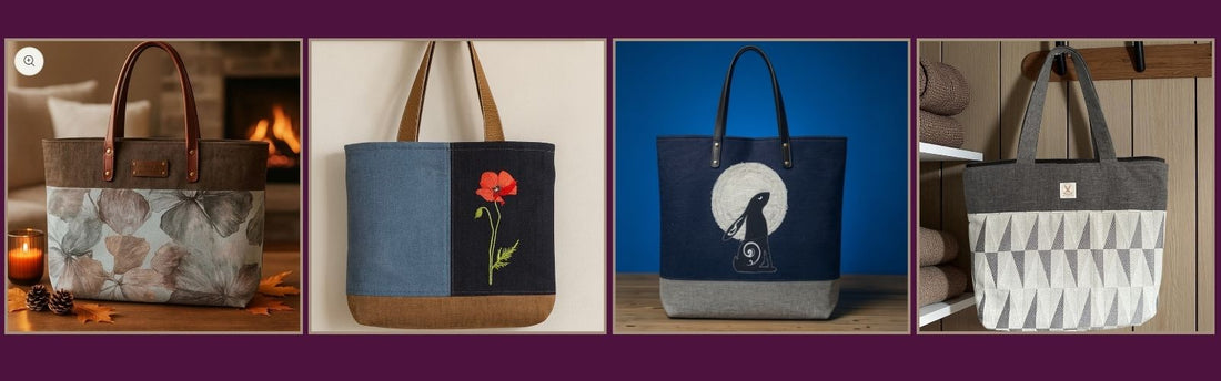 Unique handmade tote bags from Watership Down Crafts with floral, poppy, hare, and geometric designs, all UK-made and one-of-a-kind.