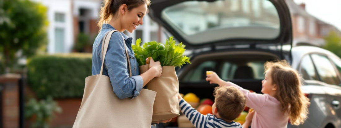 A smiling woman with a canvas tote bag unloads groceries from the back of a car while her two young children help. The scene takes place on a residential street, suggesting a practical, everyday use for the bag.