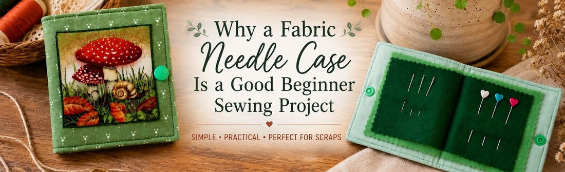 Green fabric needle cases with felt pages and sewing needles, illustrating an easy beginner sewing project.