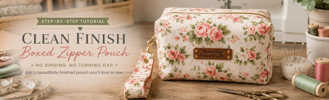 Wide sewing tutorial banner featuring a floral boxed zipper pouch with wrist strap on a wooden sewing table beside thread spools, scissors, measuring tape, pin cushion, and sewing machine, with text promoting a clean finish pouch tutorial.
