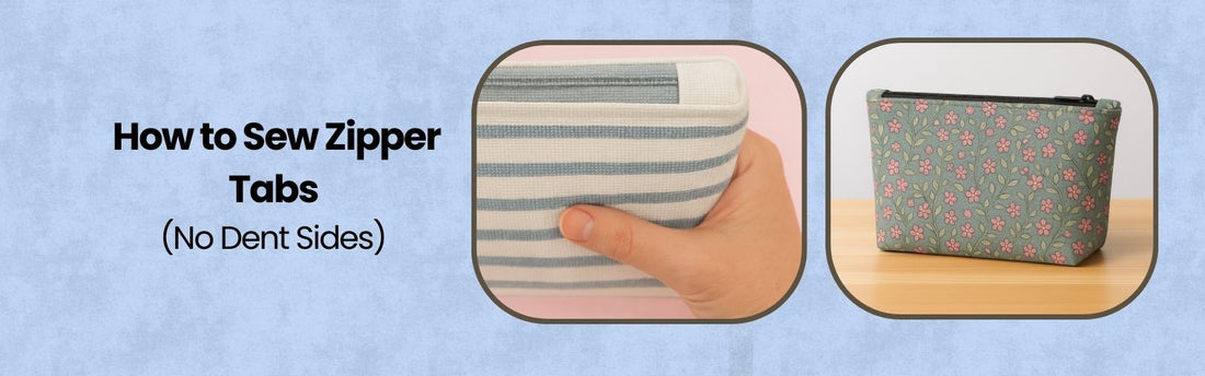 How to sew zipper tabs for no dent zipper pouch sides, close up of structured pouch corner and finished lined floral zipper pouch