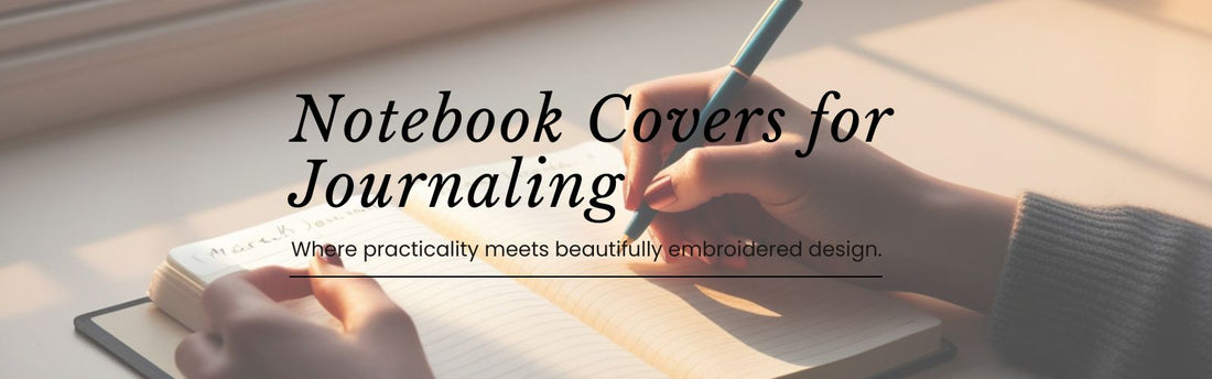 Hands writing in a journal beside the text “Notebook Covers for Journaling”, with a soft sunlight background.