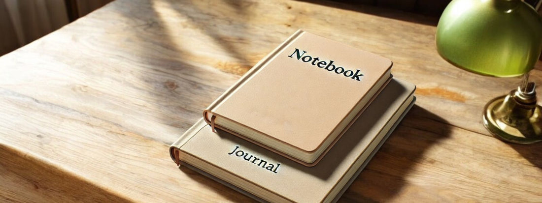 Two stacked notebooks labelled “Notebook” and “Journal” on a wooden desk beside a green lamp — illustrating the difference between a notebook and a journal.