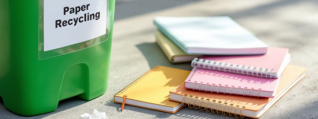 Stack of colourful spiral-bound notebooks placed next to a green paper recycling bin with a clear recycling label — representing the question of whether notebooks can be recycled.