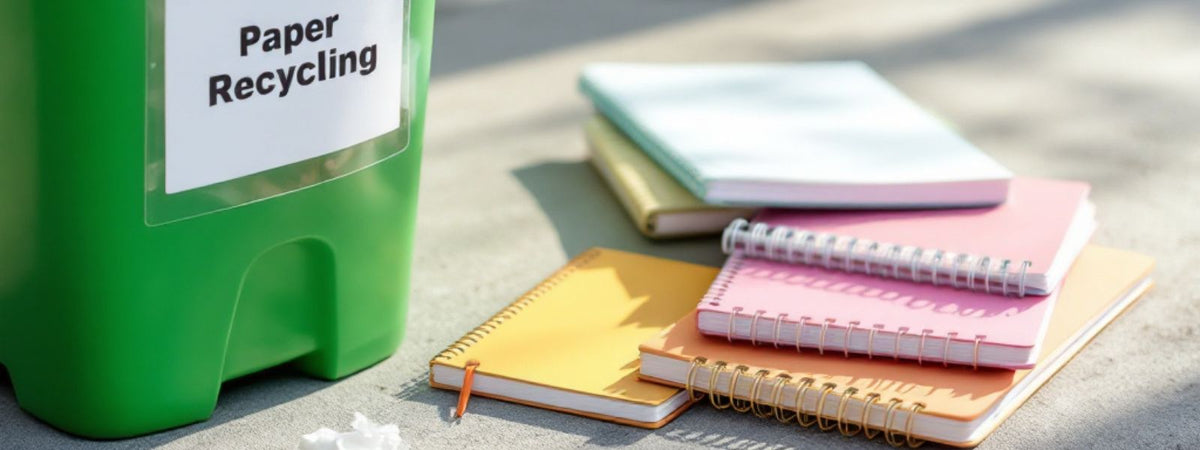 Stack of colourful spiral-bound notebooks placed next to a green paper recycling bin with a clear recycling label — representing the question of whether notebooks can be recycled.
