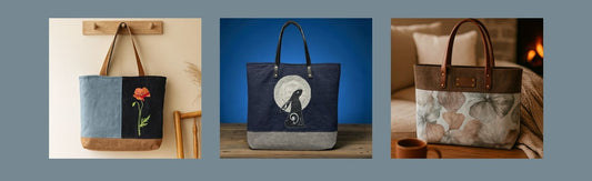 Three one-of-a-kind fabric tote bags featuring embroidery and botanical prints, photographed in home and studio settings