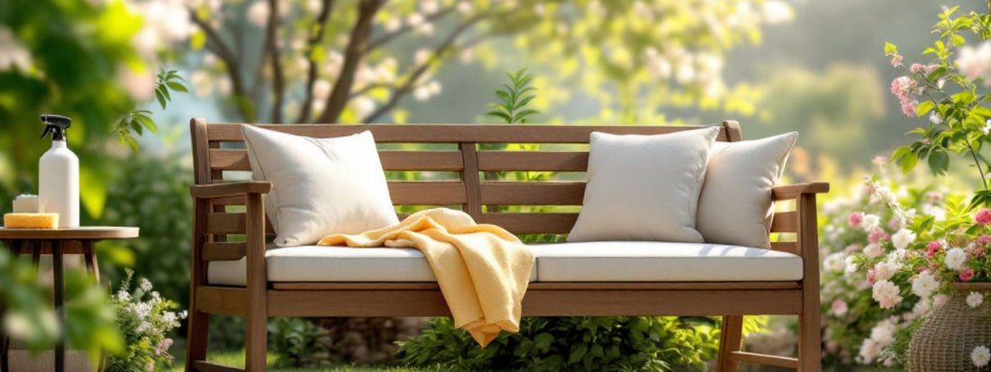 Cleaning outdoor cushions with spray and sponge in garden setting