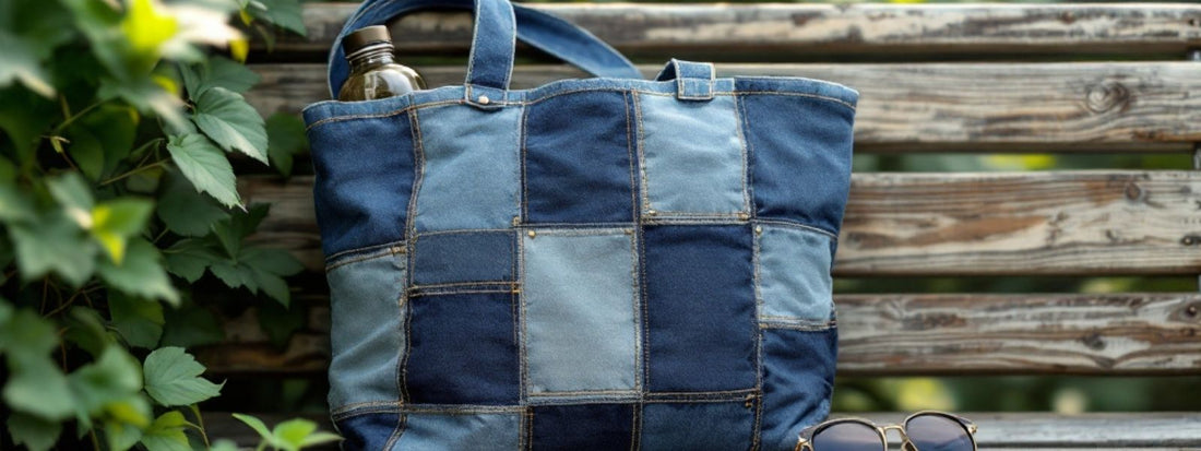 Patchwork denim tote bag on a wooden bench with a water bottle inside and sunglasses beside it, surrounded by green foliage.