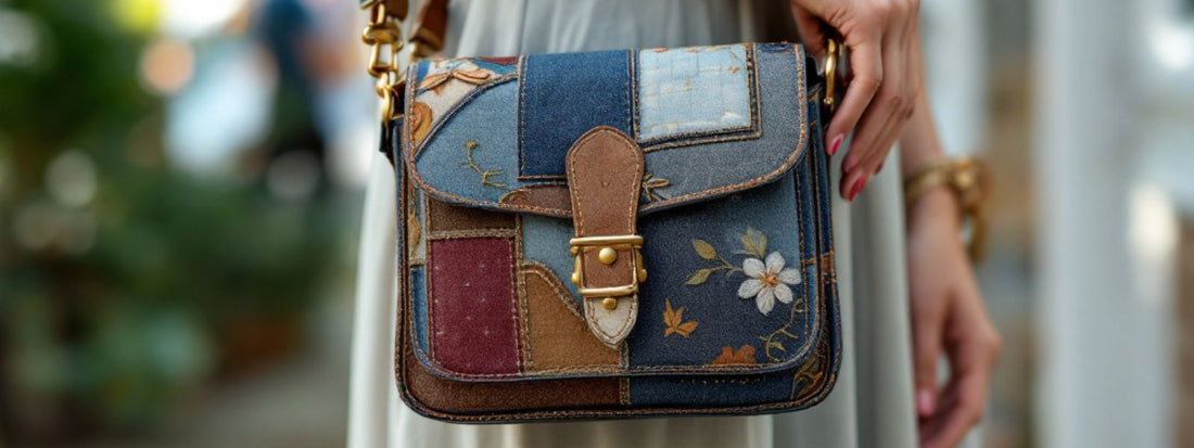 Close-up of a small crossbody bag with a patchwork-style design in denim and earthy tones, featuring floral accents and a buckle flap, worn by someone in a light dress with gold jewellery.