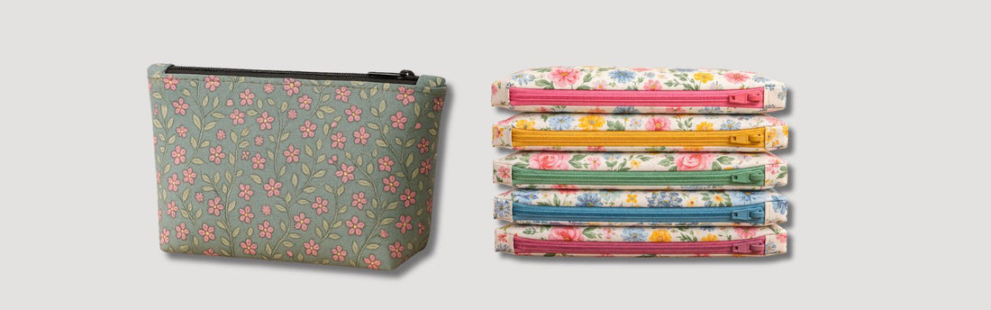 Handmade floral zipper pouches showing neat zipper tabs and smooth, well-finished zip ends.