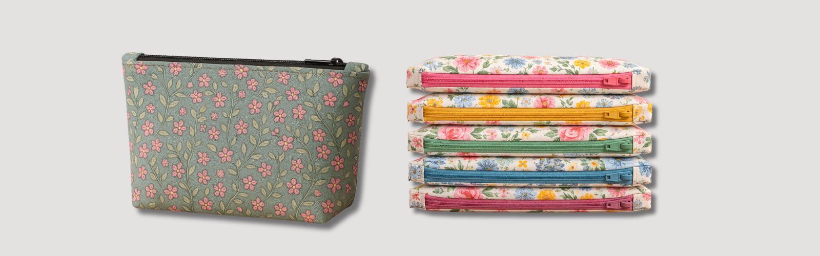 Handmade floral zipper pouches showing neat zipper tabs and smooth, well-finished zip ends.