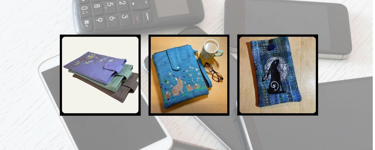 Handmade phone and tablet covers featuring unique embroidery designs, showcasing various fabric patterns and detailed stitching.