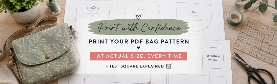 Header image showing a finished fabric crossbody bag beside printed PDF bag pattern pages, test square, ruler and scissors, with text about printing at actual size.