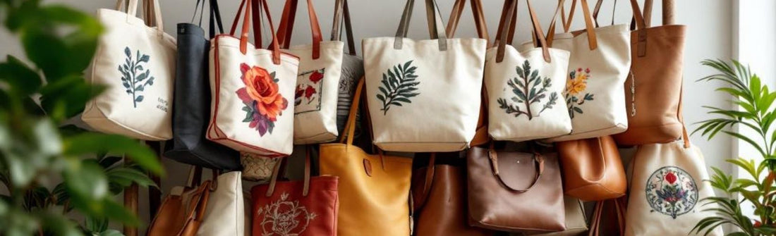 Wide-angle shot of various canvas and leather tote bags hanging on wooden pegs against a neutral wall, with embroidered floral designs and earthy tones, surrounded by potted green plants.
