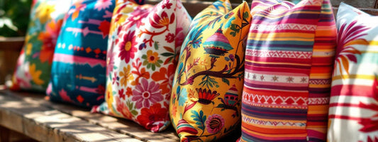Row of brightly patterned cushion covers in vibrant colours and designs, propped up on a wooden bench outdoors — showcasing a variety of fabric styles and prints