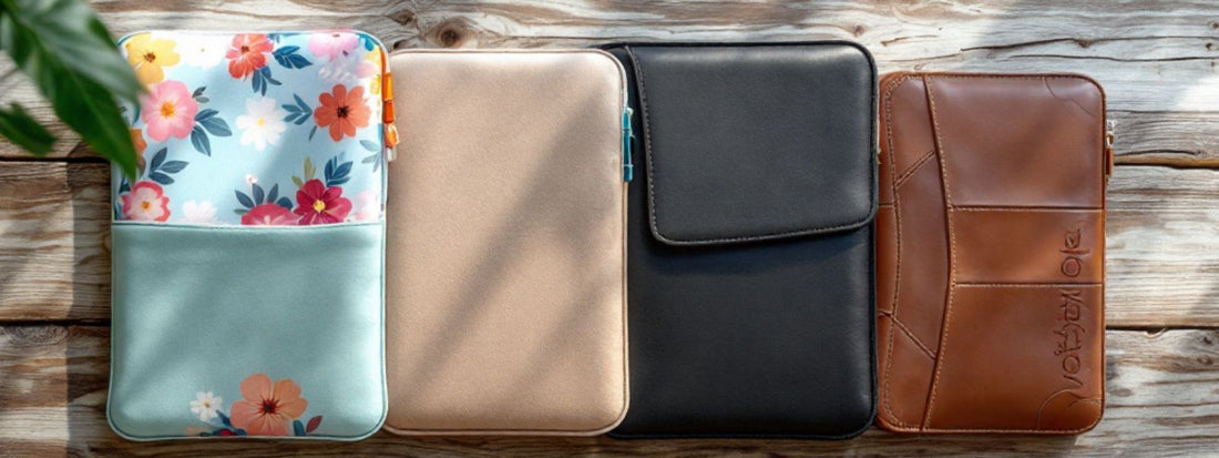 Four tablet sleeves made from different materials—floral fabric, beige synthetic, black faux leather, and brown leather—lined up on a rustic wooden background.