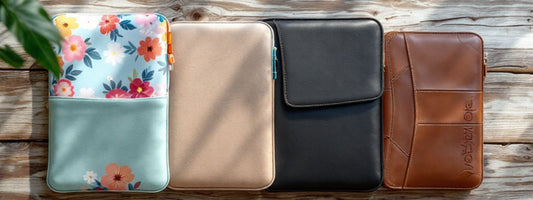 Four tablet sleeves made from different materials—floral fabric, beige synthetic, black faux leather, and brown leather—lined up on a rustic wooden background.