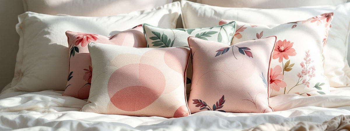 Selection of pastel-toned scatter cushions arranged on a white bed — featuring soft floral and geometric prints, styled in natural light for a fresh, calming look.
